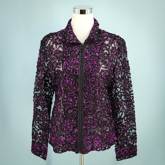 Damee Jackets & Blazers - Damee Inc Size Large L Black Purple Ribbon Mesh Semi-Sheer Zip Dress Jacket